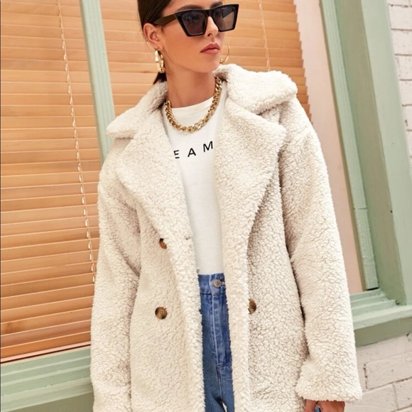 Solid lapel neck double breasted teddy coat - Picture 4 of 5